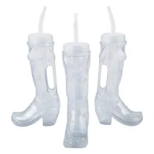 10 3/4" 30 oz. Cowboy Boot Reusable Plastic Cups with Lids & Straws - 6 Pc.