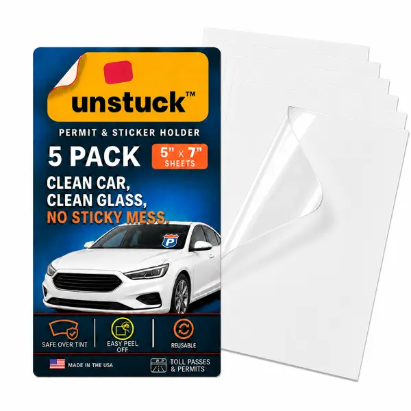 Unstuck Windshield Sticker Protector — Static Cling Film for Parking Permits & Toll Passes, Removable No-Adhesive, 5x7in 5-Pack