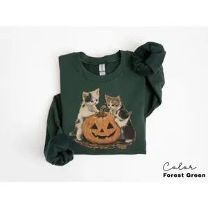 Vintage 90s Cat Halloween Sweatshirt, Retro Halloween Shirt, Spooky Season Tee, Pumpkin Shirt, Cat Lover Shirt, Black Cat, Spooky Season, Made in USA.LKD Womenswear Hoodie