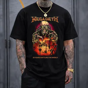 Megadeth 35 Years Rattling The World Graphic T-Shirt, Vintage Thrash Metal Band Tee, Retro Heavy Metal Music Shirt, Vic Rattlehead Artwork Merch, Unisex Oversized T-Shirt, Streetwear Fashion, Top Men's and Women's Clothing