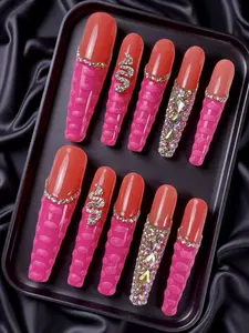 10pcs Acrylic Handmade Press On Nail Set with Box Fake Nail Tips Extral Long XL Nails NailGel Polish Rhinestone Decor