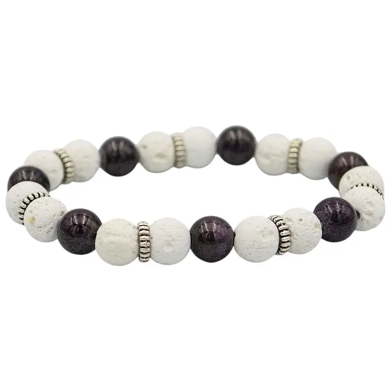 Garnet & White Lava Light & Grounded Beaded Bracelet - Beaded Design with Garnet and White Beads
