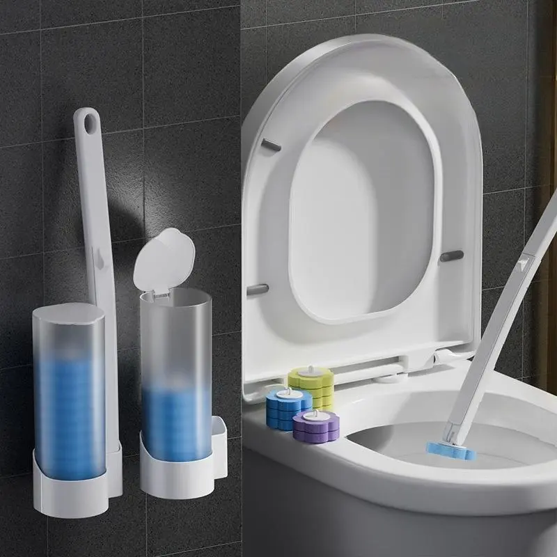 Disposable Toilet Brush, Toilet Bowl Wand Holder Set with 18PCS Cleaner Refills, Bathroom Cleaning System for Sink Bathtub Drain Wash Basin Urinal,Wall-Mount Scrubbing Toilet Brush Bathroom Cleaning Kit