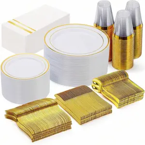 350pcs Gold Plastic Plates-Disposable Plastic Dinnerware Set Include: 50 9inch Dinner Plates, 50 6.3inch Salad Plates,150 Silverware, 50 Napkins, 50 Cups Perfect For Party&Weding&Mother's Day