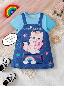 Cute Cat Print Denim-effect Print Short Sleeve Dress, Casual Cartoon Graphic Kitty Round Neck Tee Dress for Summer, Kids Clothes for Daily Wear