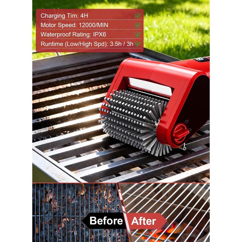 Electric Rechargeable Grill Brush, 650RPM Spinning Stainless Steel Bristle BBQ Brush, Bristle-Free Grill Cleaner for Outdoor & 2 PCS Scouring Pads - Heavy Duty Cordless Electric Tool with LED Light