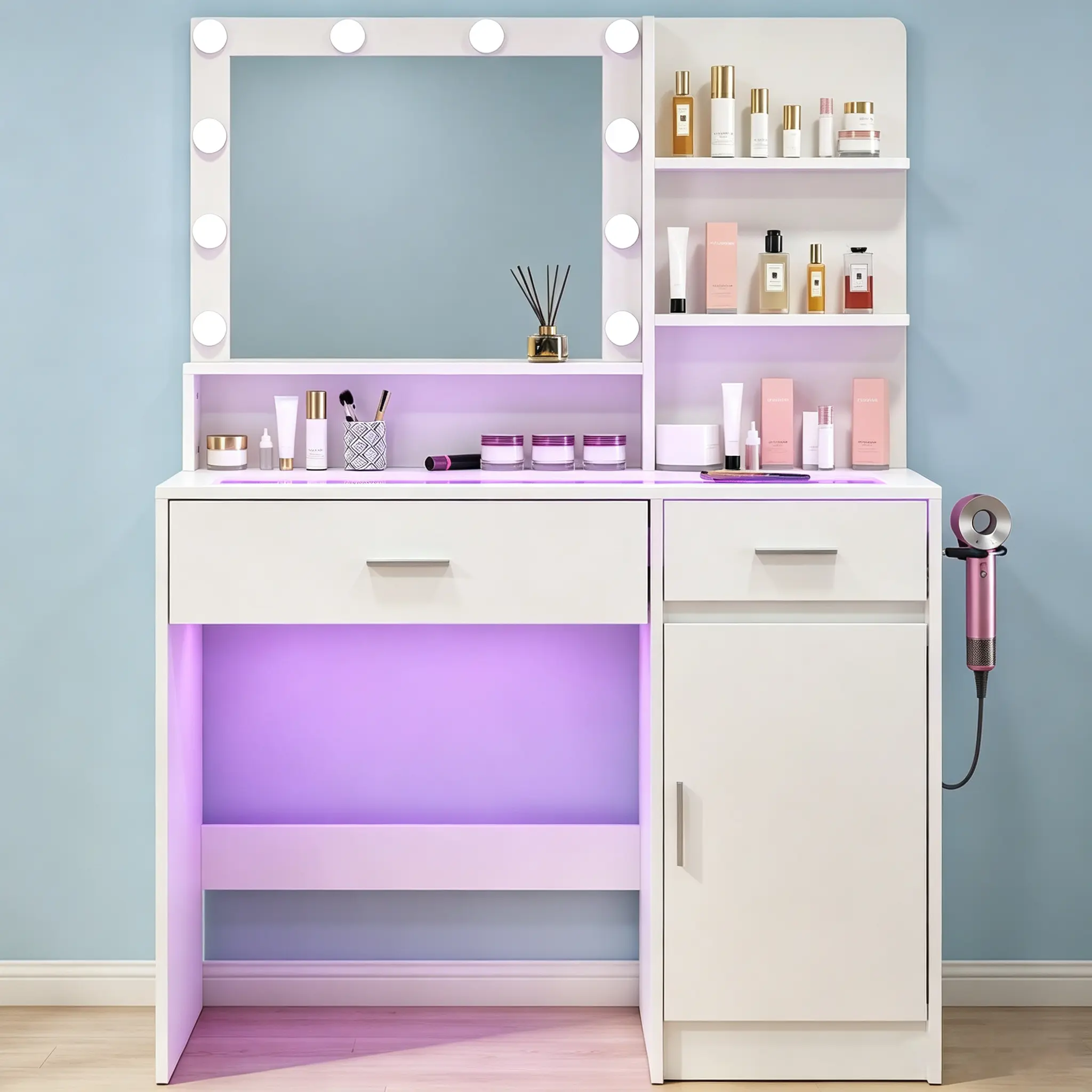 CollaredEagle Vanity Desk Makeup Vanity White LED Lighted Makeup Vanity Table Rotating Mirror Vanity with Storage Glass Top USB Power LED Lights Brightness Adjustable RGB Drawers Dressing Table Bedroom,dorm essentials,home decor