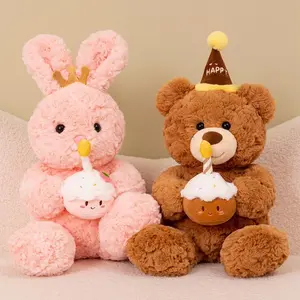 Cute Bear & Rabbit Design Plush Toy, 1 Count Happy Birthday Bear Holding Cake, Kawaii Big Cuddly Teddy Bear Plushie, Birthday Gift for Girls, Bunny, Soft Stuffed Animal, Kawaii Stuffed Animals