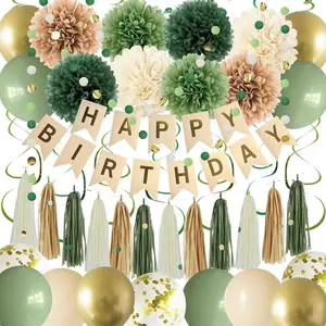 Green Birthday Party Decorations Set – Sage Green Happy Birthday Banner, Balloons, Pom Poms & Tassel Garland