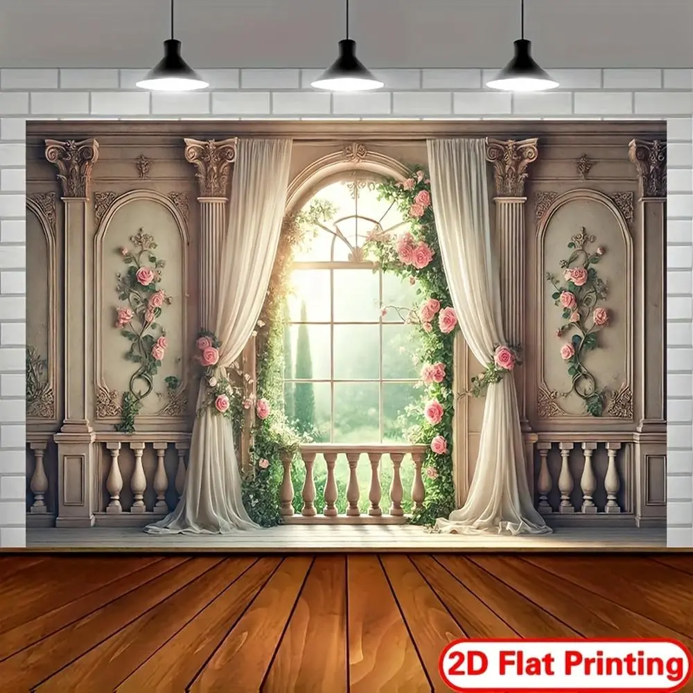1PC Retro 2D Flat Rose Window Scene Door Banner - European-Style Carved Wall, Draped White Curtains, Romantic Flower Vines Polyester Backdrop, Reusable Home Decor for Birthday Party Festive Atmosphere