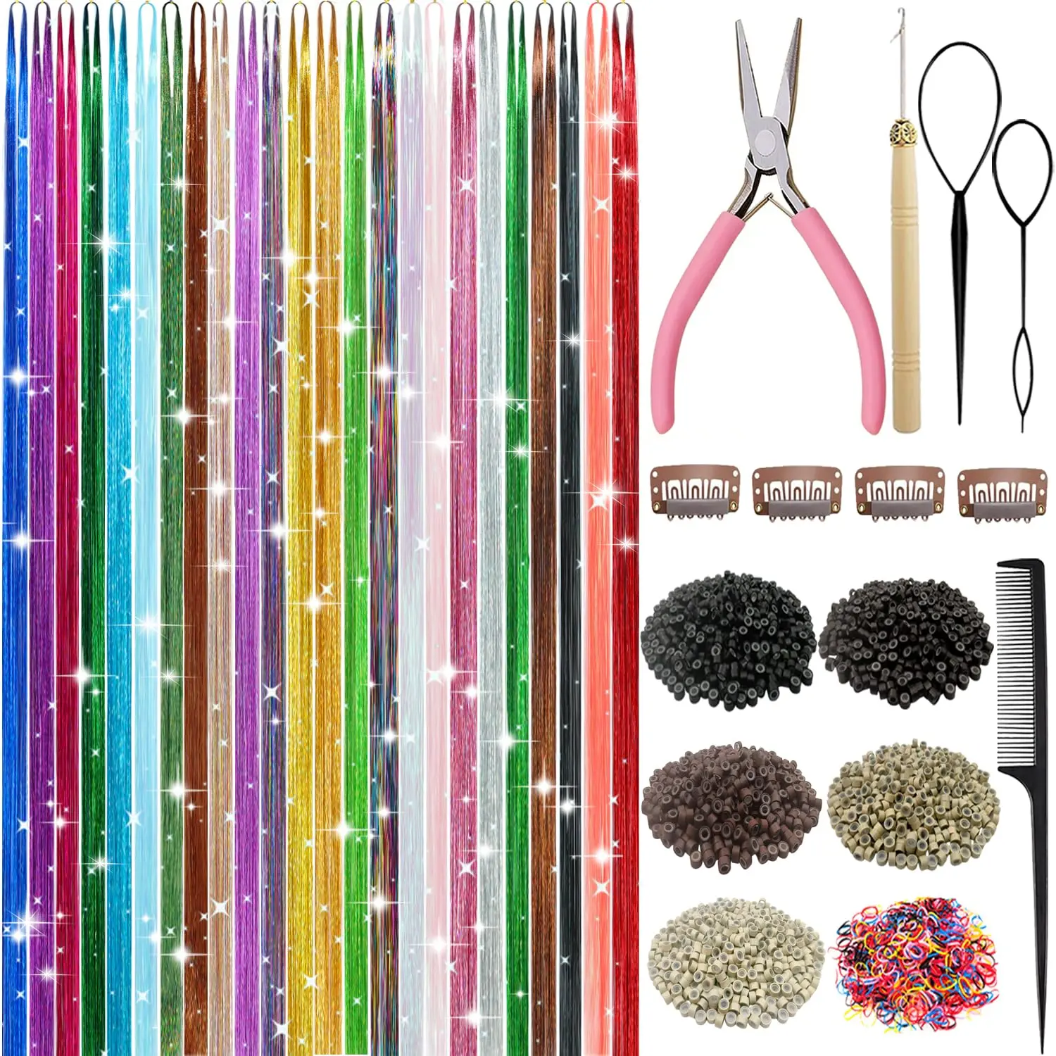 Hair Tinsel, 24 Colors 9800 Strands Hair Tinsel Kit with Tools, Heat Resistant Tinsel Hair Extensions Party Festival Colorful Fairy Hair Accessories for Girls Women (24 Colors)