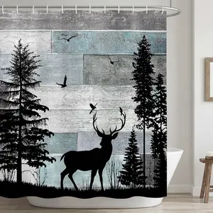 4-piece Rustic Deer Pattern Shower Curtain, Waterproof Fabric with 12 Hooks for Vintage Elk Bathroom Decor in Black and Gray Forest Nature, 72 inches x 72 inches