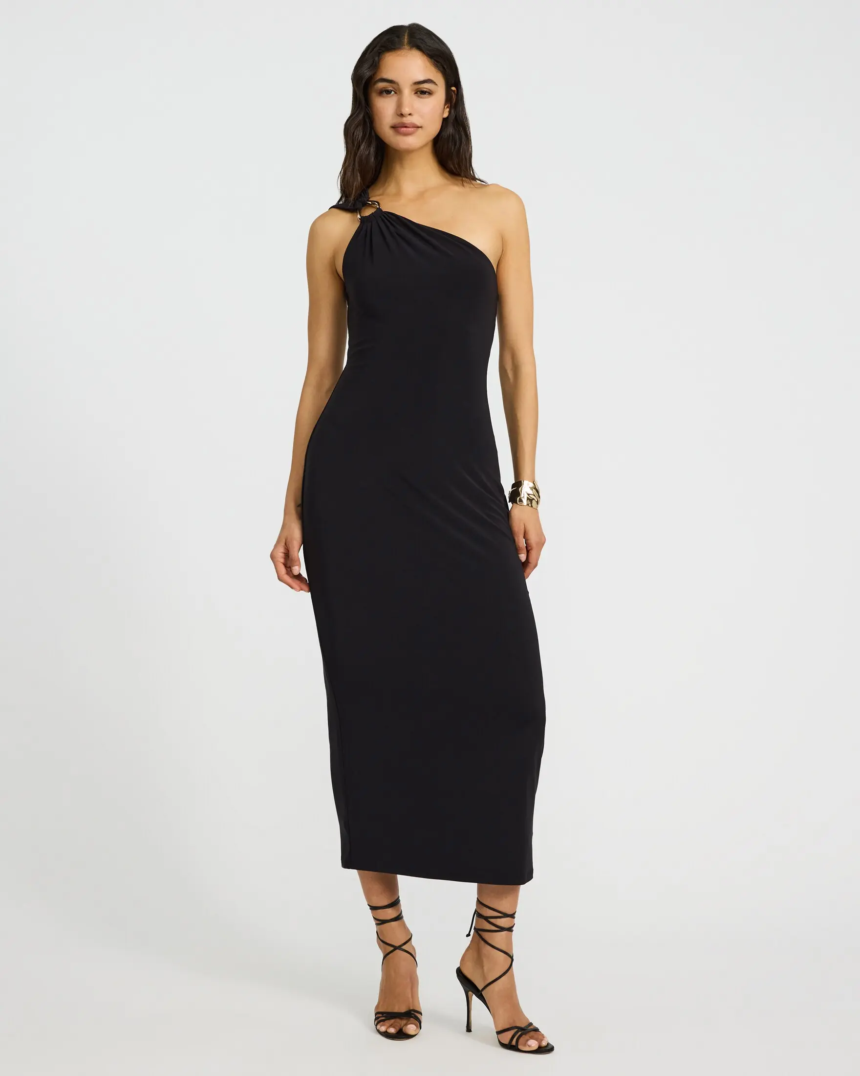 Express One Shoulder Gold Hardware Maxi Sheath Dress