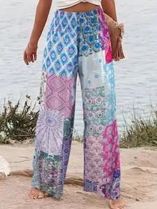 Women Patchwork Print Elastic Waist Wide Leg Pants 2026 Casual Loose Boho Bohemian Beach Vacation Holiday Ladies Bottoms All Seasons