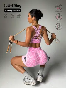 High Waist Leopard Yoga Set, Breathable Running Sportswear, Peach Hip Lift Tight Fit Gym Two-Piece Suit, Yoga Gym Outfits, All Seasons, High Waist Activewear