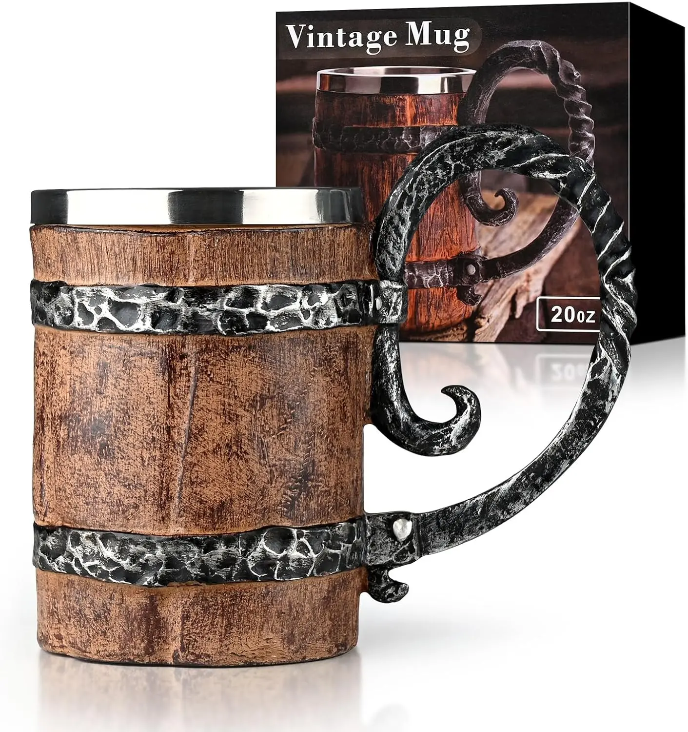 Mugs, 19 oz   Stein,  Wooden Barrel  Mug, Double Wall  Mugs for Freezer, Tankard Heavy Mug, Freezer  Mugs with Handles, Dishwasher Safe