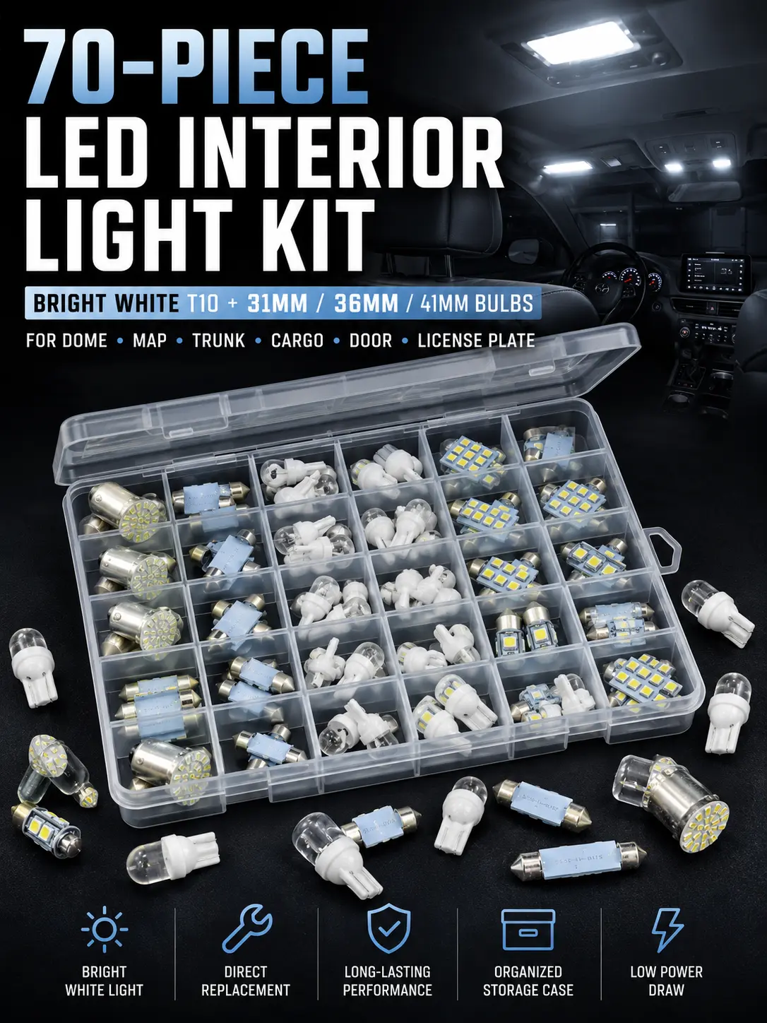 70-Piece Multi-Size LED Car Bulbs Kit - Bright White T10 Wedge & Festoon Bulbs (31/36/41mm) for Dome Lighting, Trunk & License Plate Lights