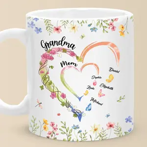 Custom Grandma Heart Mug with Kids Names, Personalized Nana Heart Cup, Family Mother's Day Gift