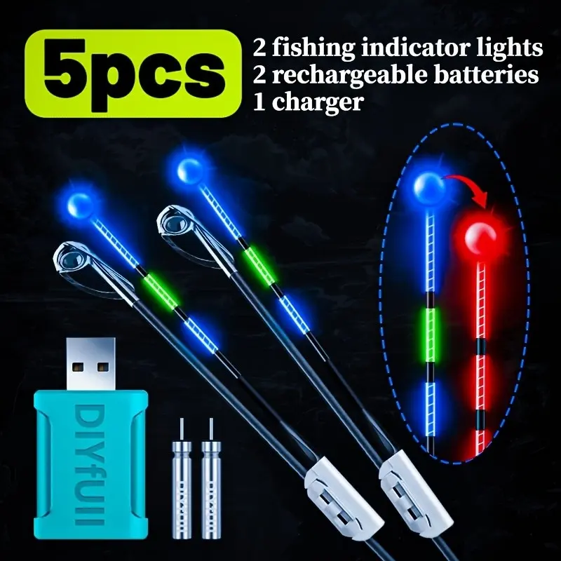 5-Piece Fishing Light Set, Multifunctional Fishing Accessories, Outdoor Fishing Supplies, Includes 2 Rod Tip Lights, 2 Rechargeable Batteries, USB Charger, Glow Alarm, Night Fishing LED Stick, Fishing Gear Accessories