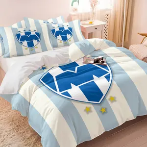 Rayados de Monterrey Light Blue Striped Team Emblem Print Duvet Cover Set & 1-2 Pillowcases No Pillows, Light Blue Brige Stripes with Blue White Shield-Shaped Badge, Comfortable Soft, Football Fans Bedroom Decor, Gift Choice
