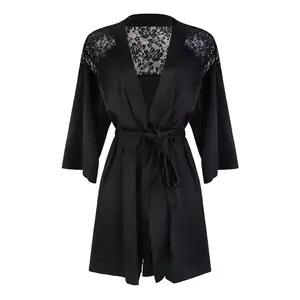 HSIA Women's Long Sleeve Satin Robe Elegant Lace Trim Wrap Sleepwear with Belt Smooth Silky Womenswear Bridal