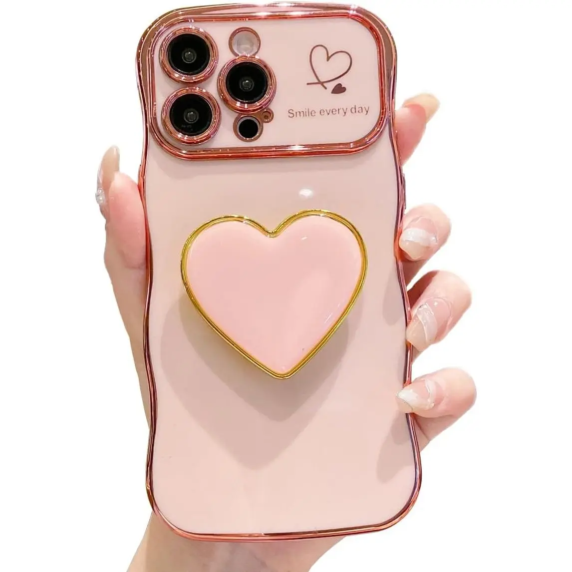 Compatible with Cute iPhone 16 Pro Max case 6.9'', Pink Wave Frame Shape Phone Case with Love Heart Kickstand Raised Camera Protection Luxury Plating Shockproof TPU Protective Cover for Women Girls