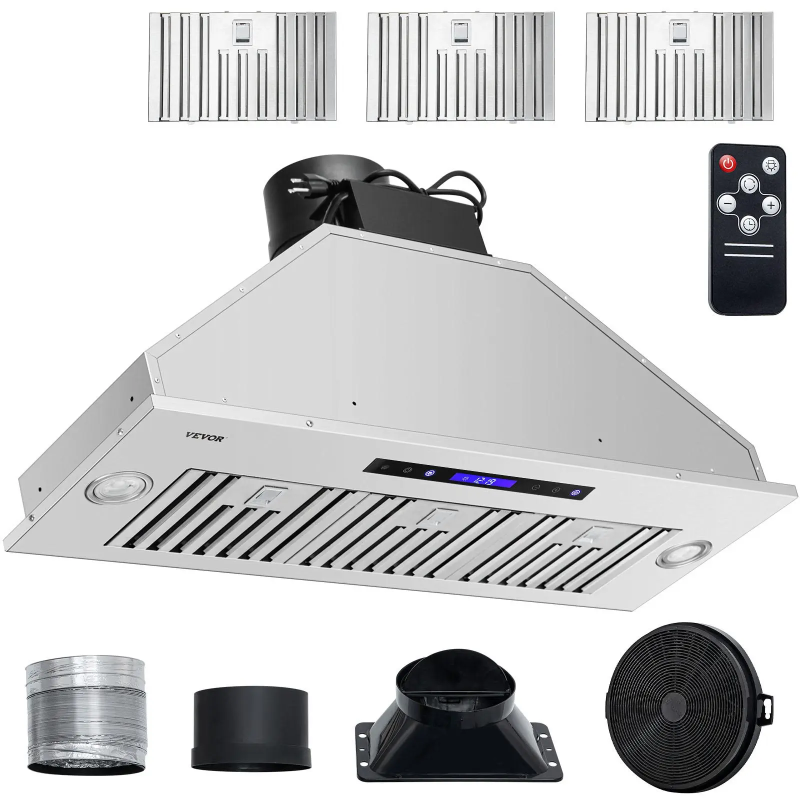 【Backtoschool】VEVOR Durable 36-Inch Built-in Stainless Steel Insert Range Hood, 900CFM & Above 4-Speed, Multifunction Touch & Remote Control, LED Lights, Baffle & Charcoal Filters, Ducted/Ductless Convertible, ETL Listed Smoke Removal
