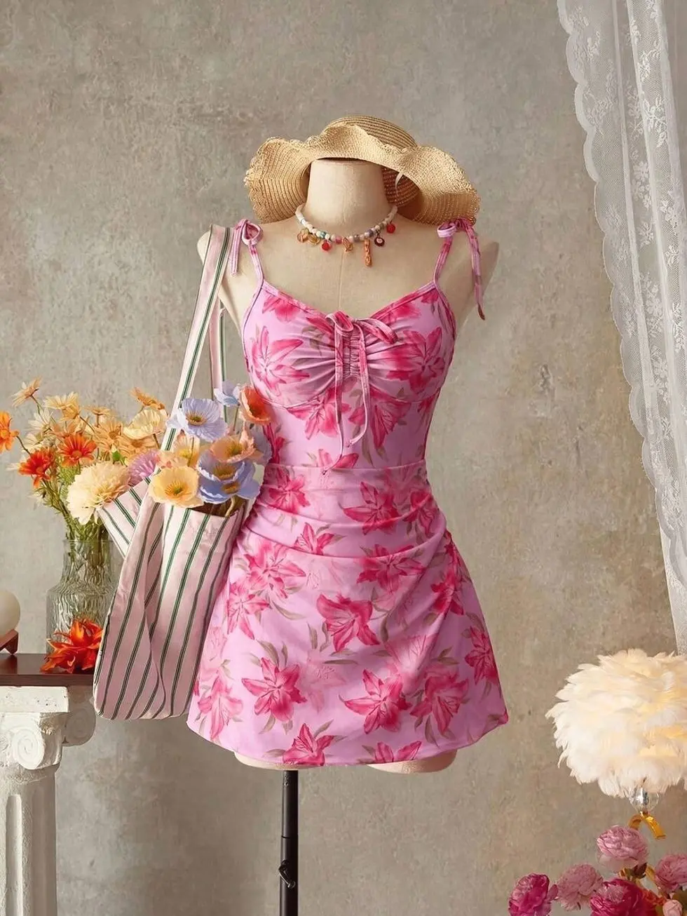 Bellisia Pink Floral Drawstring Front Tie Swimdress | Tie-Shoulder Ruched Bust One-Piece Swimsuit with Built-in Shorts | Tropical Beach Resort Wear