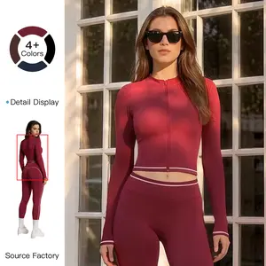 MFVIM women’s long-sleeve yoga jacket and shorts set; solid-color, form-fitting outdoor sports running top; breathable athletic outerwear