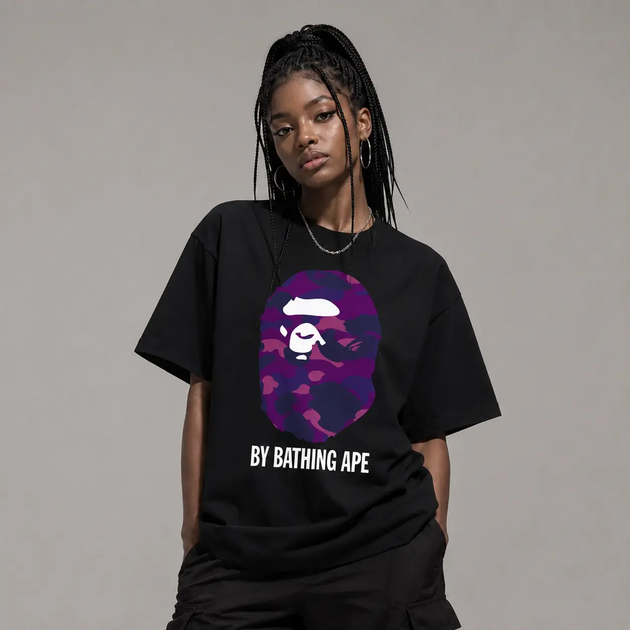 NEW 2026 Camo Tee Purple Short Sleeve Crew Neck Casual Summer T-Shirt with Iconic Ape Head Design and Plaid Pattern