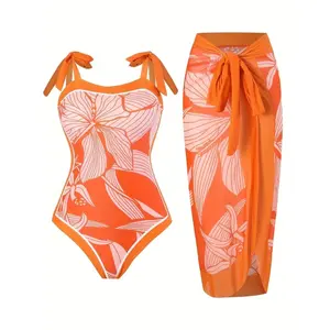 Tangerine Floral Swimsuit For Women - One Piece Bathing Suit With Skirt Cover Up - Tropical Print One-Piece Swimwear Set - Summer Beach Vacation Outfit