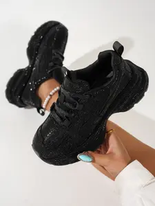 Women's Fashion Rhinestone Thick Sole Sport Shoes, Height Increasing, Versatile Street Style, Casual Sneakers