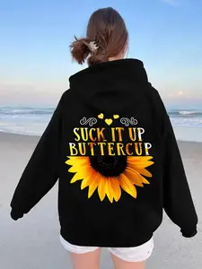 【Plus Size】Letter & Sunflower Print Hoodie, Fashion Casual Drawstring Pocket Hooded Sweatshirt for Daily Wear, Women Plus Clothing for Fall & Winter