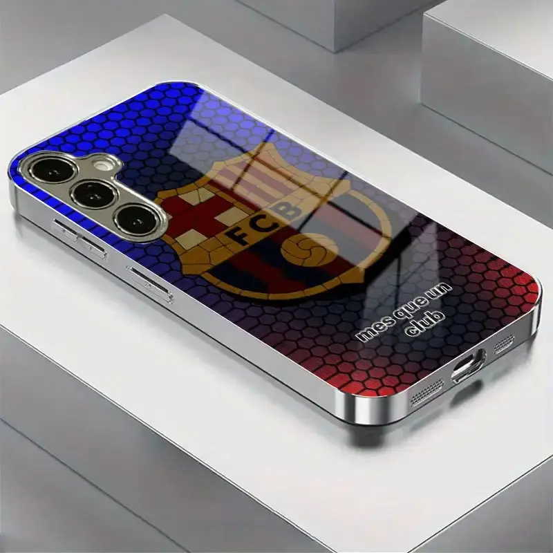 Barcelona Team Emblem Colorful Wallpaper Pattern New Electroplated Glass Suitable for Samsung S25, S24, S23, S22, S21, S20, NOTE20, NOTE10, A55, A54, A53, A52, A36, A35, A33, A23, A15, A14, A13, A05 Special Glass Phone Case, Anti-dirt, Fashionable, Trendy
