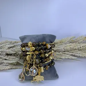 Elegant Beaded Bracelet Set with Gold Charms and Natural Stones for Women's Fashion Accessories