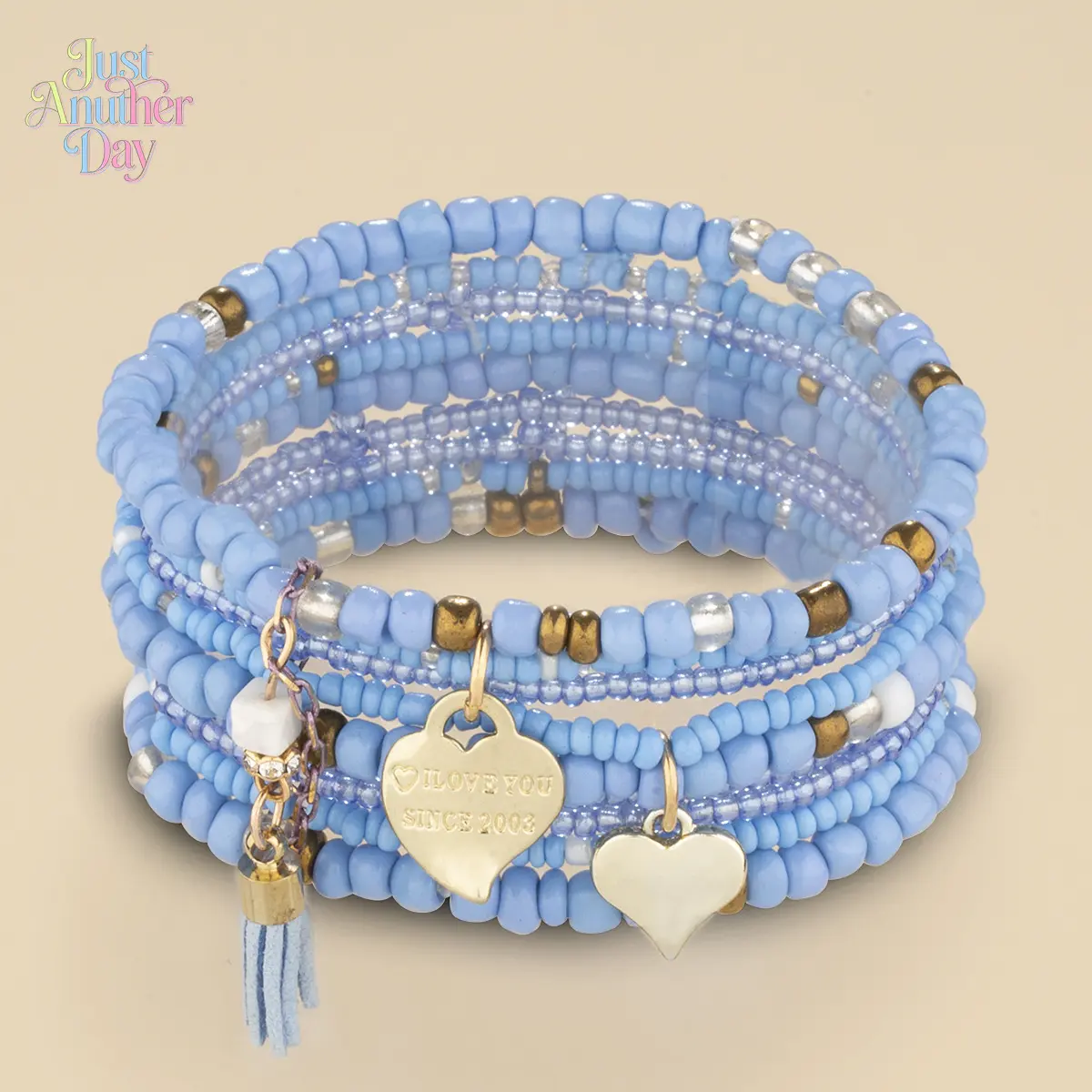 Bohemian Multilayer Beaded Bracelet Set, Blue Seed Bead Stackable Bracelets with Heart Charms & Tassel, Boho Layered Jewelry for Women