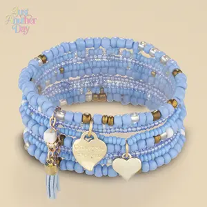 Bohemian Multilayer Beaded Bracelet Set, Blue Seed Bead Stackable Bracelets with Heart Charms & Tassel, Boho Layered Jewelry for Women