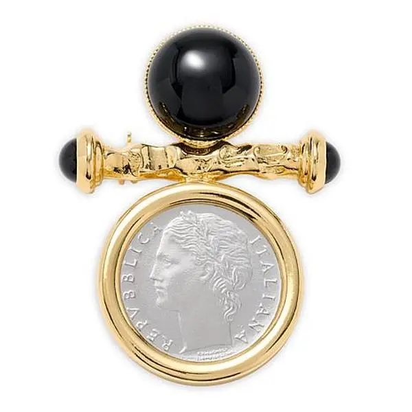 Bellezza Bronze Goldtone 100 Lira Coin & Gemstone Brooch