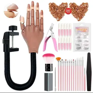 Practice Hand Kit: Flexible Movable Fake Hand for Acrylic Nails with 200 Nail Tips Glue Brush Clipper--Ideal for Beginners Manicure Training