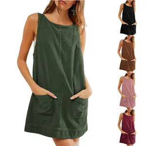 Corduroy A Line Overall Dress for Women - Round Neck Mini Skirtall Jumper with Pockets