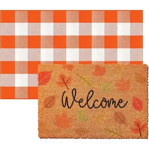 2 count Thanksgiving Coir Doormat Outdoor Thanksgiving Maple Leave Welcome Outdoor Rugs for Layered Buffalo Orange White Plaid Mats for Autumn Fall Front Door Porch Entryway Decor