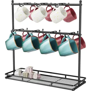 Countertop Coffee Mug Holder, 14-Hook Mug Tree Rack for 14 Cups, 2 Tier Mug Display Stand with Heavy Duty Metal Base