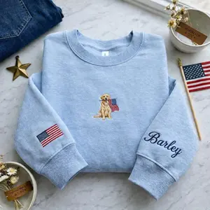 (Leave a note) Custom Golden Retriever Embroidered Sweatshirt, Personalized Dog Mom Shirt with Name on Sleeve, USA Flag Dog Lover Crewneck