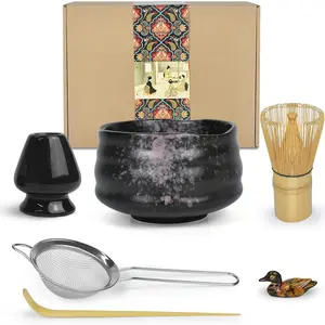 Matcha Ceremony Kit for   Ceremony, Traditional Matcha Bowl, Whisk,  Scoop, Matcha  Strainer, Matcha  Set For Making Usucha, Koicha and Matcha Latte (Black)