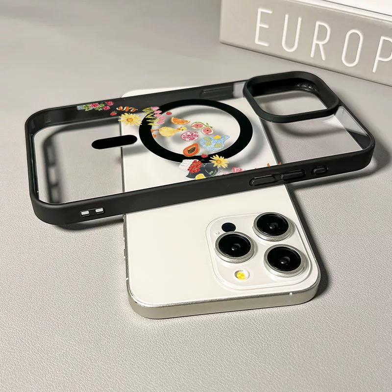 Adorable Duck Surrounded By Colorful Fruits Phone Case Featuring A Soft Tpu Back With Built-In Strong Magnet Ring, Blending Smooth Macaron Texture With Secure Magsafe Compatibility For iPhone 17 16 15 14 13 12 11 X XS