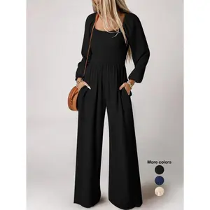 Women’s solid shirred pocket jumpsuit, casual elegant bishop sleeve long-sleeve square-neck jumpsuit for fall and winter, fall clothing, women’s clothes for daily wear, jumpsuits for women