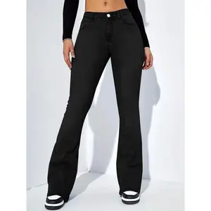 Women's Plain Flare Leg Stretchy Jeans, Casual Comfy Bell Bottom Trousers for Daily Wear, Ladies Bottoms for All Seasons