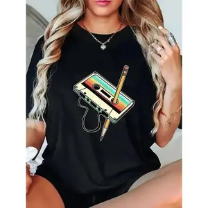 Retro 80s 90s Cassette Print Graphic T-Shirt - Women'S Casual Crew Neck Short Sleeve Tee, Black with Colorful Music Note Design, Perfect for Spring/Summer Parties & Vintage Style Events | Vintage Style Tee | Music note design, Music T Shirts