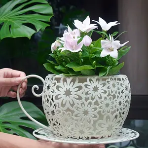 Rustic American Vintage Style Metal Coffee Cup Planter - Hollow Out Floral Design Lightweight Indoor Outdoor Farmhouse Decorative Iron Planter, Antique Handmade Garden Pot with Classic Aesthetic Plant Stand