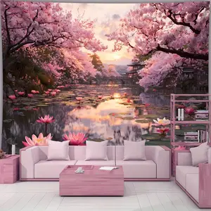 1pc Japanese Cherry Blossom Lake Landscape Tapestry - Large Digital Print Wall Hanging with Pink Sakura & Sunset Design, Polyester Fabric for Living Room, Bedroom, Office, Party Decor - No Electricity Needed, Easy to Hang, Cherry Blossom Decor,